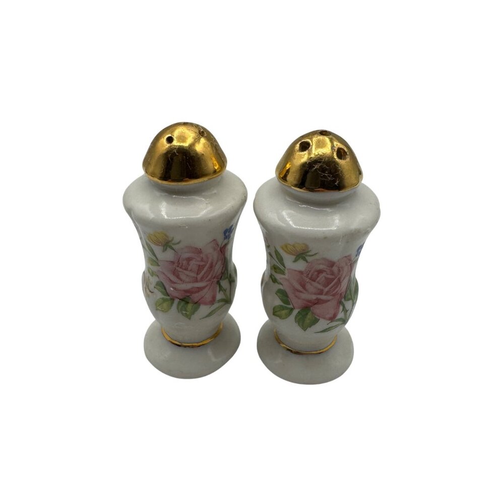 Vintage Ceramic Salt & Pepper Shakers With Floral Pattern & Gold Tops